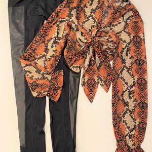 Snake print long sleeve crop & leather tights.